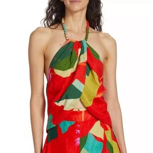 NEW FARM Rio Heliconia Halter Crop Top Red Linen Tropical, size L